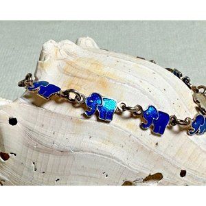 Blue Enamel Elephant Mex 925 Bracelet Paired with Rhinestone Elephant Earrings